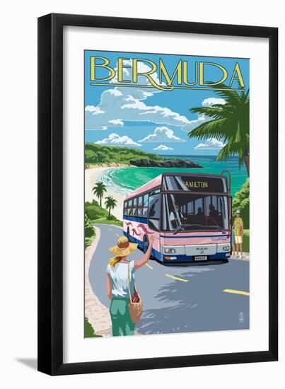 Bermuda - Pink Bus on Coastline-Lantern Press-Framed Art Print