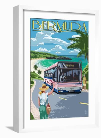 Bermuda - Pink Bus on Coastline-Lantern Press-Framed Art Print