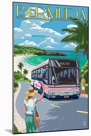 Bermuda - Pink Bus on Coastline-Lantern Press-Mounted Art Print