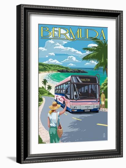 Bermuda - Pink Bus on Coastline-Lantern Press-Framed Art Print