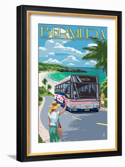 Bermuda - Pink Bus on Coastline-Lantern Press-Framed Art Print