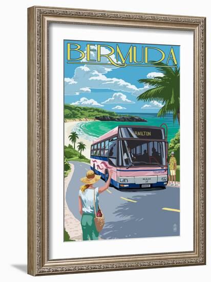 Bermuda - Pink Bus on Coastline-Lantern Press-Framed Art Print