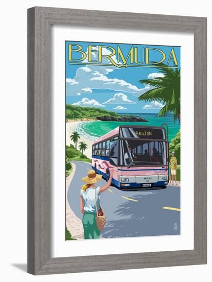 Bermuda - Pink Bus on Coastline-Lantern Press-Framed Art Print