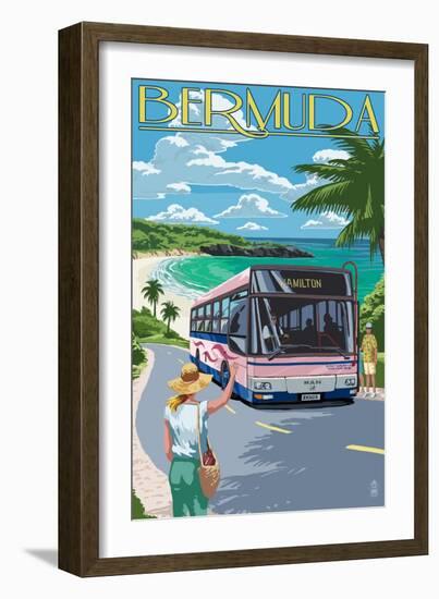 Bermuda - Pink Bus on Coastline-Lantern Press-Framed Art Print