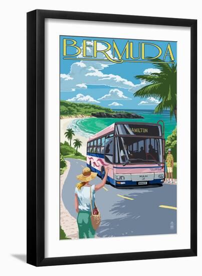 Bermuda - Pink Bus on Coastline-Lantern Press-Framed Art Print