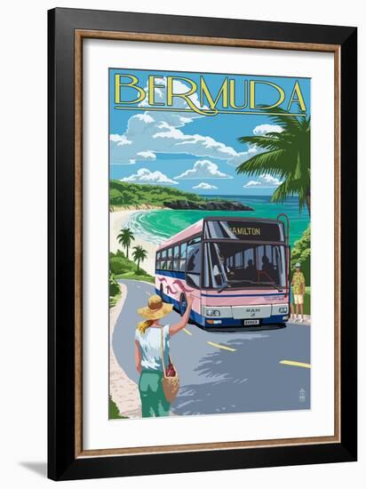 Bermuda - Pink Bus on Coastline-Lantern Press-Framed Art Print