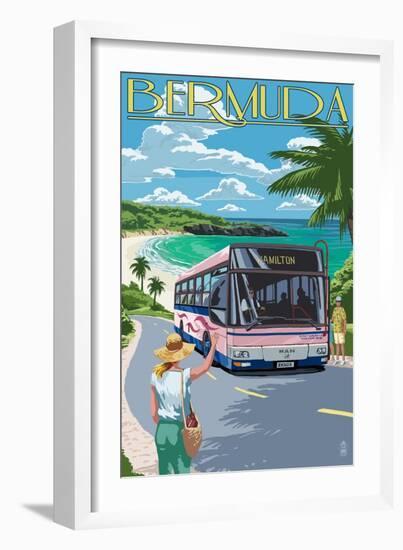 Bermuda - Pink Bus on Coastline-Lantern Press-Framed Art Print