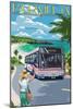 Bermuda - Pink Bus on Coastline-Lantern Press-Mounted Art Print