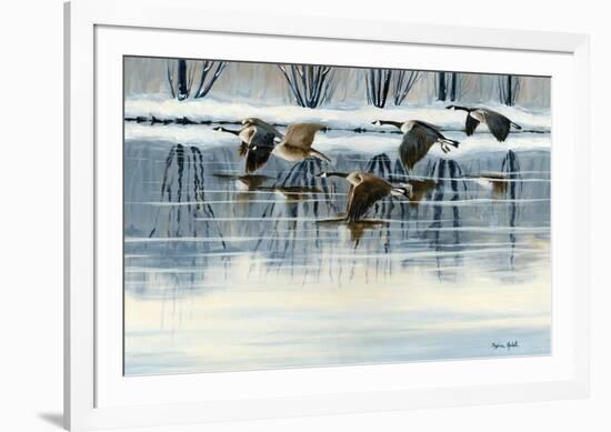 Bernaches en vol sur la riviére-Sylvia Audet-Framed Art Print