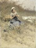 Girl Knitting in the Dunes, by Bernardus Johannes Blommers, C. 1890-1920, Watercolor Painting-Bernardus Johannes Blommers-Stretched Canvas