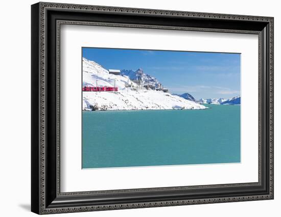 Bernina Express train in the snowy valley surrounded by Lake Bianco, Bernina Pass, Canton of Graubu-Roberto Moiola-Framed Photographic Print