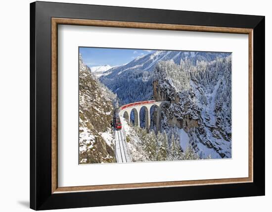 Bernina Train at Landwasser Viaduct, UNESCO World Heritage, Engadine, Switzerland-ClickAlps-Framed Photographic Print