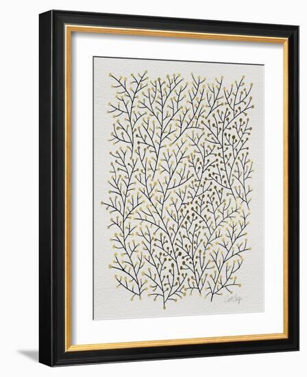 Berry Branches in Gold and Black-Cat Coquillette-Framed Art Print