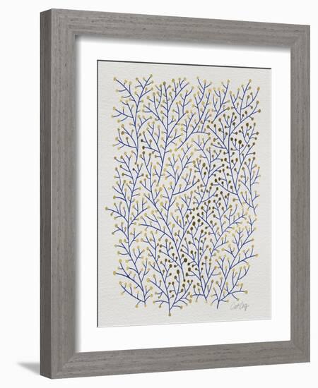 Berry Branches in Gold and Navy-Cat Coquillette-Framed Art Print