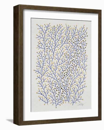 Berry Branches in Gold and Navy-Cat Coquillette-Framed Art Print