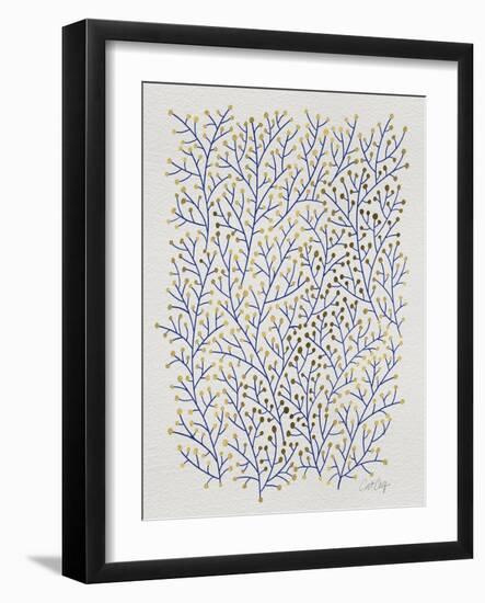 Berry Branches in Gold and Navy-Cat Coquillette-Framed Art Print