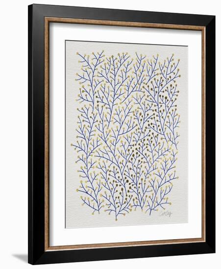 Berry Branches in Gold and Navy-Cat Coquillette-Framed Art Print