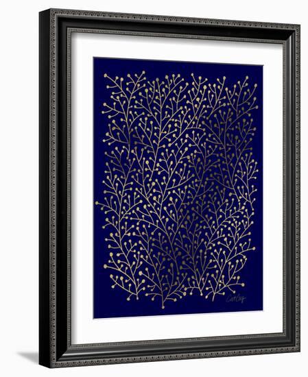 Berry Branches in Navy and Gold-Cat Coquillette-Framed Giclee Print