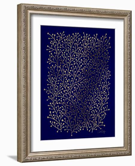 Berry Branches in Navy and Gold-Cat Coquillette-Framed Art Print