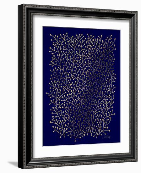 Berry Branches in Navy and Gold-Cat Coquillette-Framed Art Print