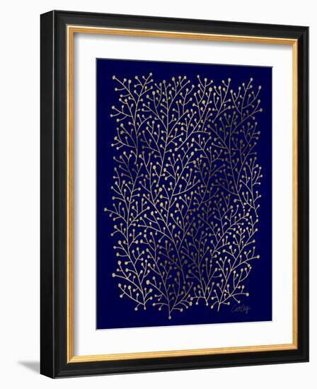 Berry Branches in Navy and Gold-Cat Coquillette-Framed Art Print