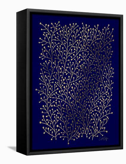 Berry Branches in Navy and Gold-Cat Coquillette-Framed Stretched Canvas
