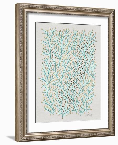 Berry Branches in Turquoise and Gold-Cat Coquillette-Framed Art Print