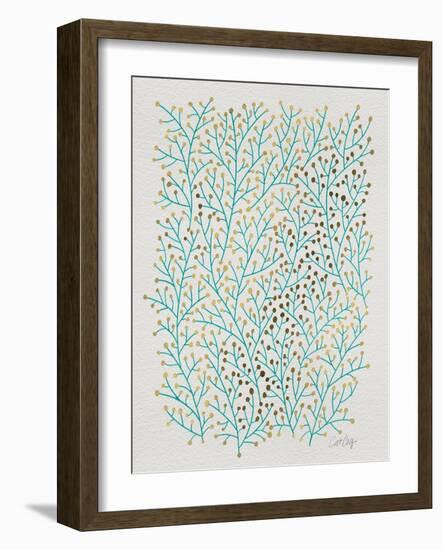 Berry Branches in Turquoise and Gold-Cat Coquillette-Framed Art Print