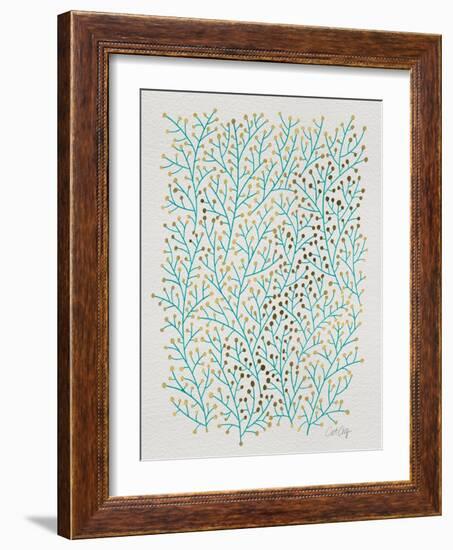 Berry Branches in Turquoise and Gold-Cat Coquillette-Framed Art Print