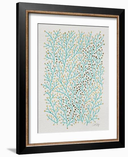 Berry Branches in Turquoise and Gold-Cat Coquillette-Framed Art Print