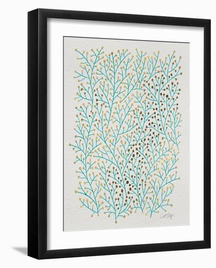 Berry Branches in Turquoise and Gold-Cat Coquillette-Framed Art Print