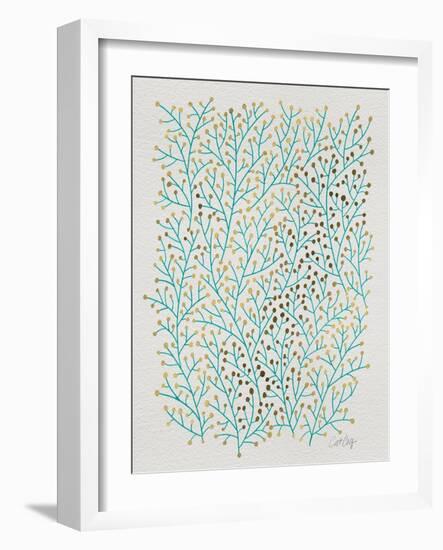 Berry Branches in Turquoise and Gold-Cat Coquillette-Framed Art Print