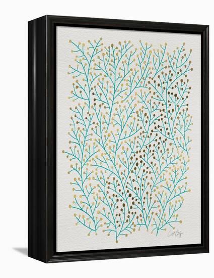 Berry Branches in Turquoise and Gold-Cat Coquillette-Framed Stretched Canvas