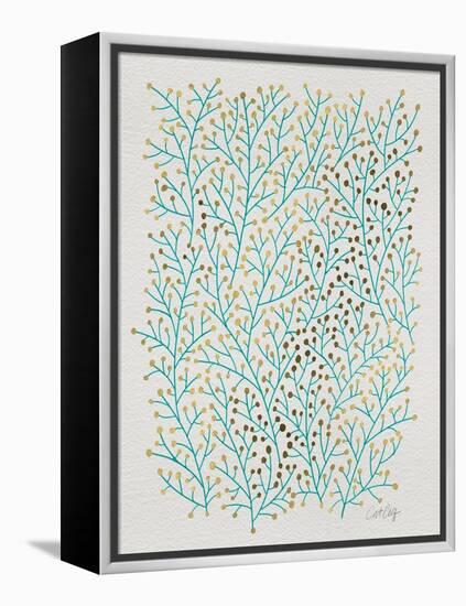 Berry Branches in Turquoise and Gold-Cat Coquillette-Framed Stretched Canvas