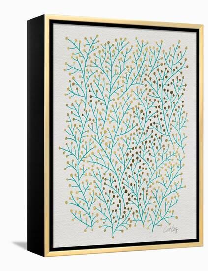 Berry Branches in Turquoise and Gold-Cat Coquillette-Framed Stretched Canvas