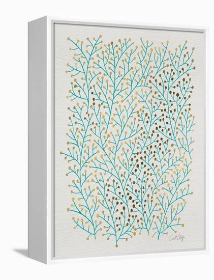 Berry Branches in Turquoise and Gold-Cat Coquillette-Framed Stretched Canvas