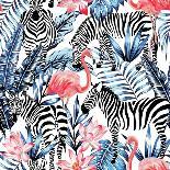 Exotic Pink Flamingo, Zebra on Background Summer Blue Tropic Palm Leaf. Watercolor Floral Print Wal-Berry2046-Art Print