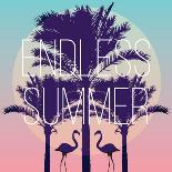 Silhouette Tropic Birds Flamingos and a Banana Palm Tree in the Background Paradise Sunset Vacation-Berry2046-Art Print