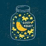 Vector Illustration of Jar with Sleepi?G Smiling Moon in the Nightcap, Butterflies, Stars. Cute Chi-Beskova Ekaterina-Art Print