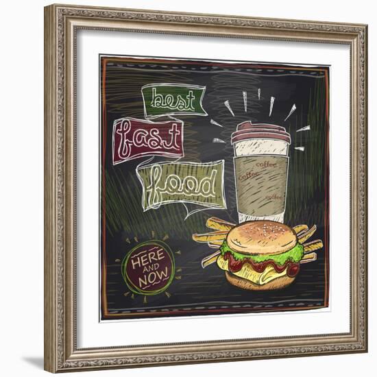 Best Fast Food Chalkboard Design with Hamburger, French Fries and Coffee-Selenka-Framed Art Print