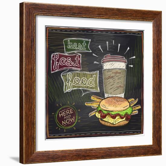 Best Fast Food Chalkboard Design with Hamburger, French Fries and Coffee-Selenka-Framed Art Print