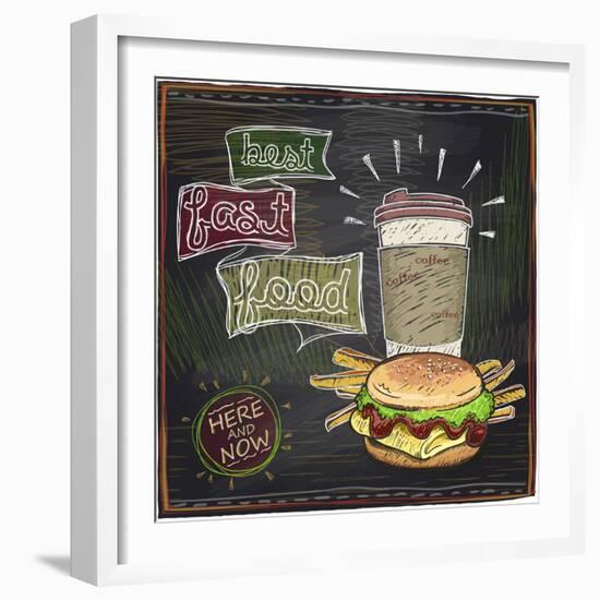 Best Fast Food Chalkboard Design with Hamburger, French Fries and Coffee-Selenka-Framed Art Print