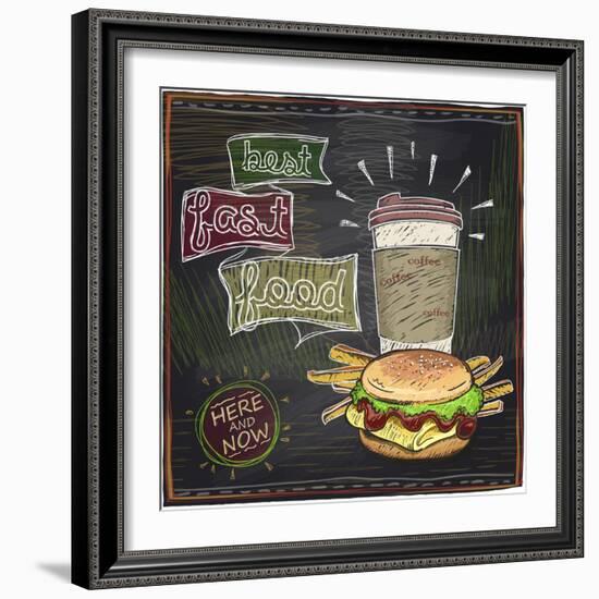 Best Fast Food Chalkboard Design with Hamburger, French Fries and Coffee-Selenka-Framed Art Print