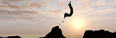 Concept or Conceptual Young Man or Businessman Silhouette Jump Happy from Cliff over Water Gap Suns-bestdesign36-Photographic Print