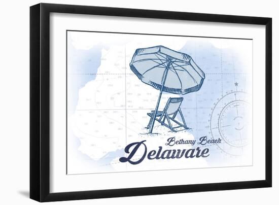 Bethany Beach, Delaware - Beach Chair and Umbrella - Blue - Coastal Icon-Lantern Press-Framed Art Print