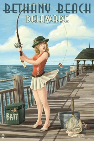 Bethany Beach, Delaware - Pinup Girl Fishing' Art Print - Lantern