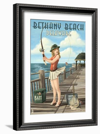 Bethany Beach, Delaware - Pinup Girl Fishing-Lantern Press-Framed Art Print