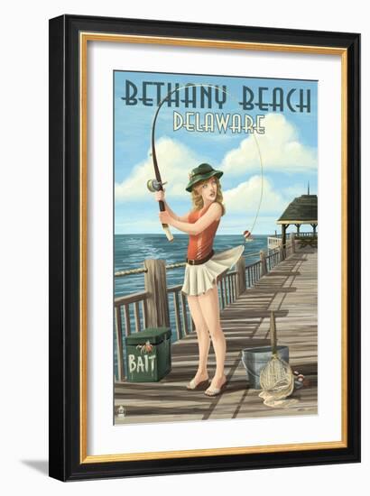 Bethany Beach, Delaware - Pinup Girl Fishing-Lantern Press-Framed Art Print