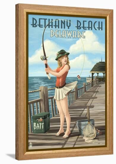 Bethany Beach, Delaware - Pinup Girl Fishing-Lantern Press-Framed Stretched Canvas