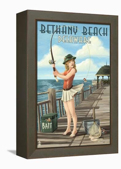 Bethany Beach, Delaware - Pinup Girl Fishing-Lantern Press-Framed Stretched Canvas